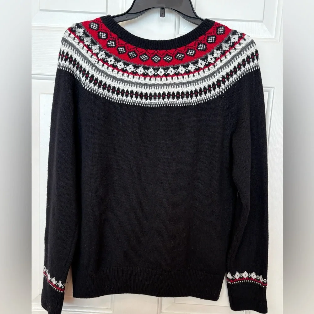 Talbots Sweater M Black Red Nordic Ski Fair Isle Pullover Wool Blend - Picture 2 of 4